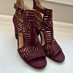 Franco Sarto L-Margie Burgundy Suede Block Heel Peep Toe Sandals 8M